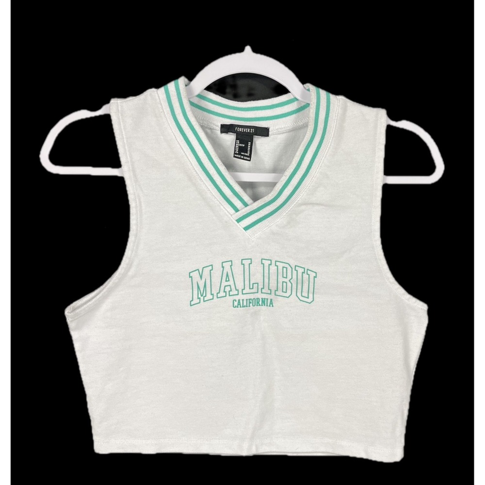 GUC Forever 21 Malibu California Women White Green V-Neck Crop Top Vest Size M